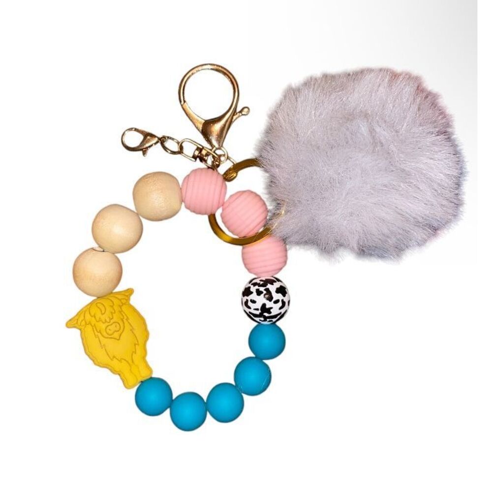 🎀2/$20🎀 Yellow, Blue, and Pink Highland Cow Keychain Wristlet with Pom Pom